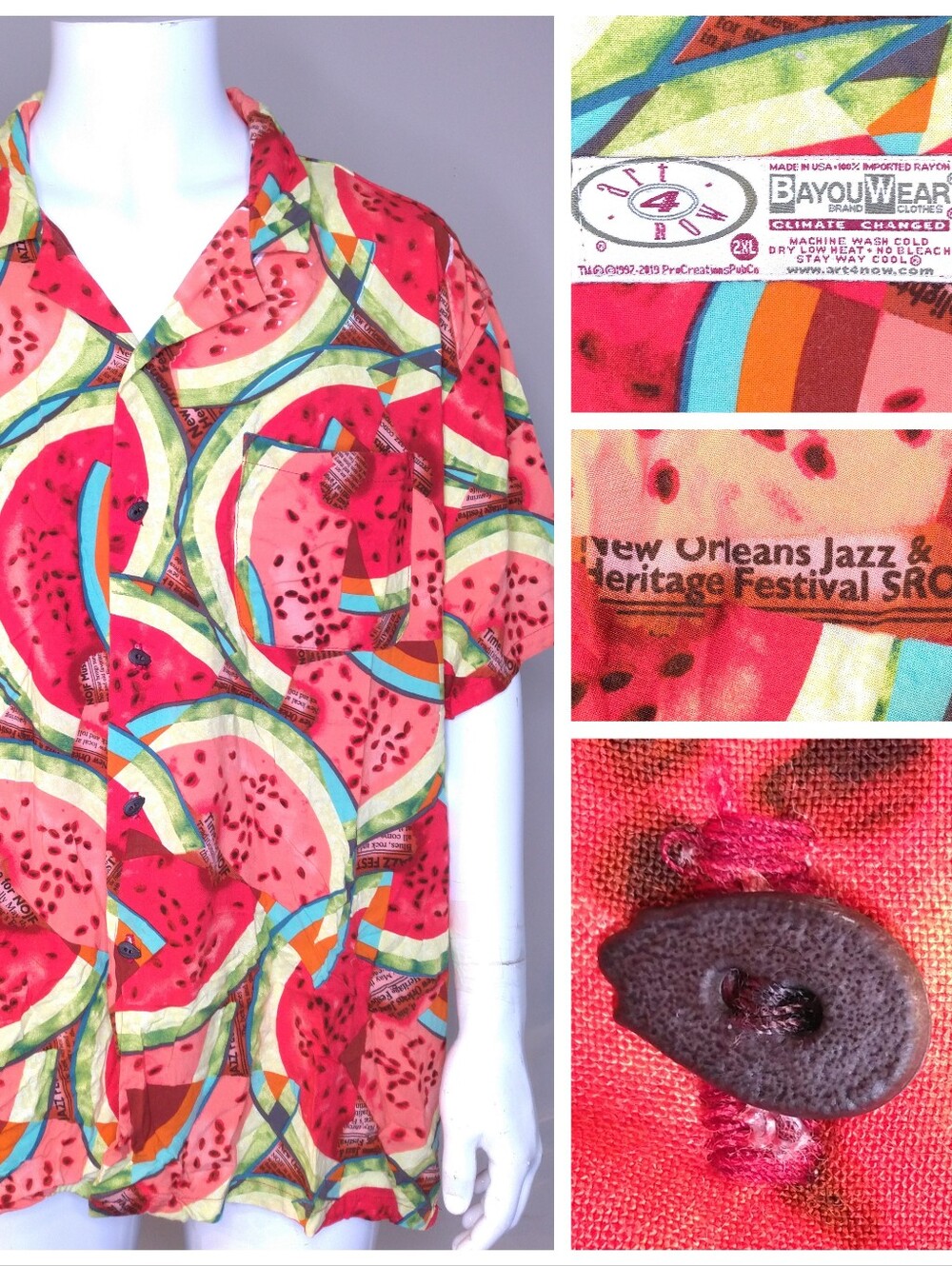 BAYOU WEAR Art 4 Now Vintage Button Up Shirt WATERMELON All Over Print 2XL Mens
